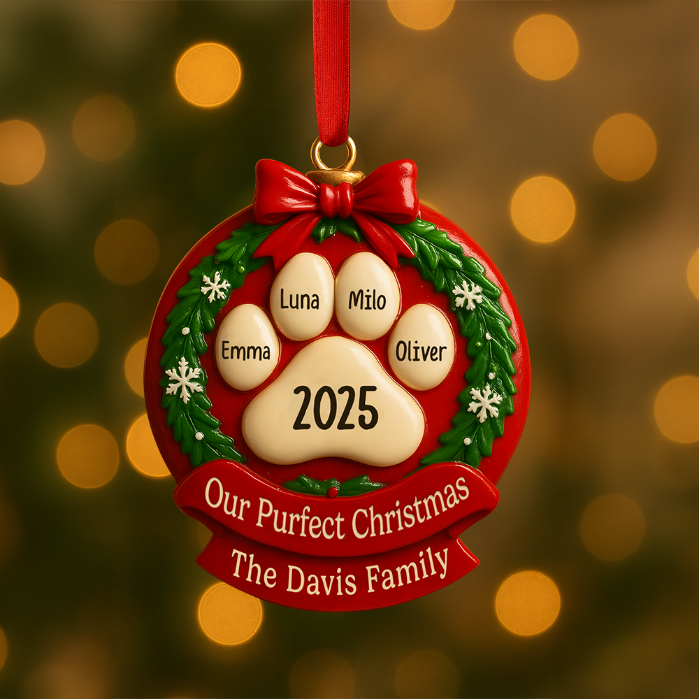 Our Purrfect Christmas Ceramic Ornament – Personalized Pet Paw Print with Names & Family Customization