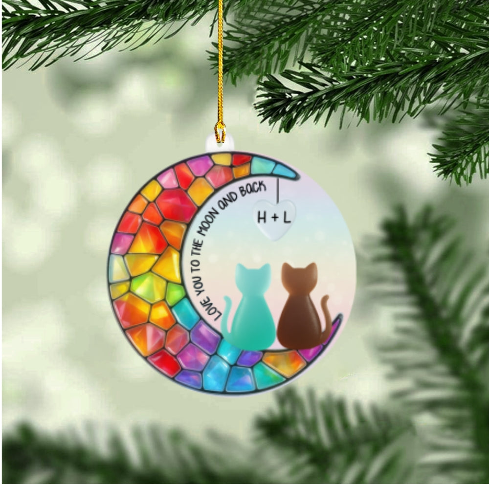 Custom Cat Couple Moon Ornament – Acrylic 2 Layer Design, Personalized “Love You to the Moon and Back” Keepsake, Romantic Gift for Couples or Christmas Decoration