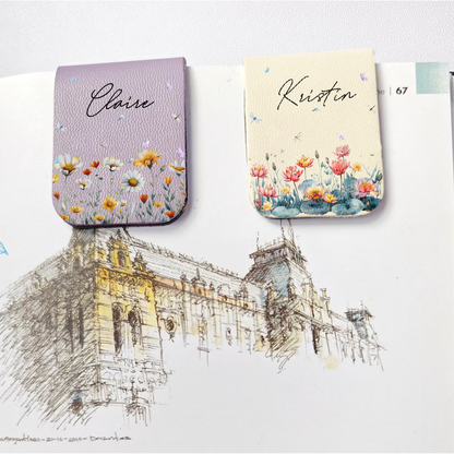 Floral Leather Magnetic Bookmark – Personalized Custom Name Bookmark for Book Lovers, Teachers & Readers, Elegant Flower Design Gift for Her