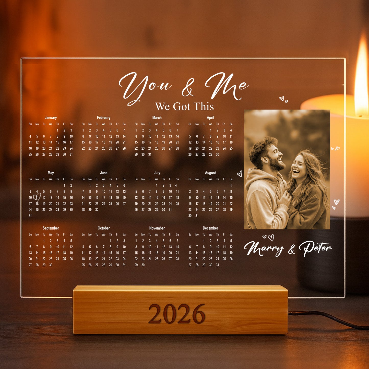 Custom LED Acrylic Calendar Lamp 2026 – “I Love You” Couple Version – Personalized Anniversary Gift with Photos & Names