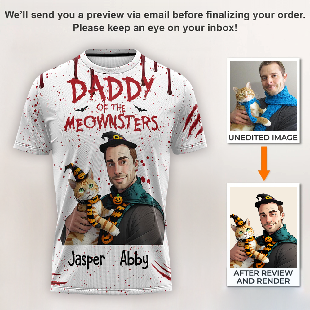 Custom Halloween 3D T-Shirt – Personalized “Daddy of the Meownsters” Cat & Owner T-Shirt