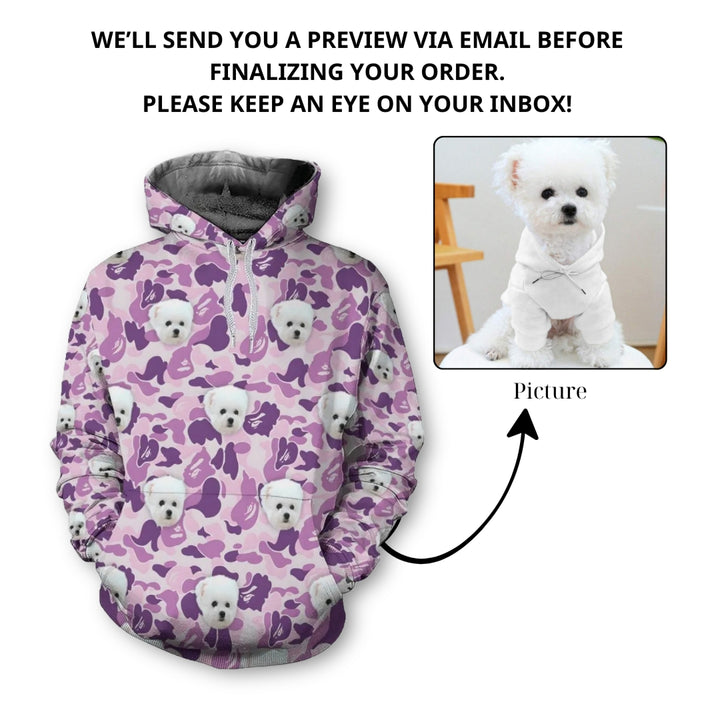 Custom Dog Face Camo Hoodies – Personalized Cute Pet Lover Streetwear in Multiple Colors