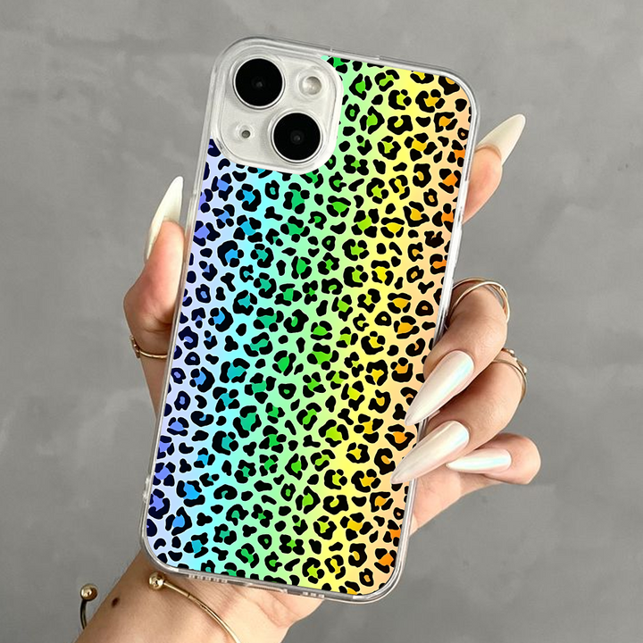 Leopard Print Phone Case Collection – Pastel Purple, Rainbow Gradient & Green with Pink Accents