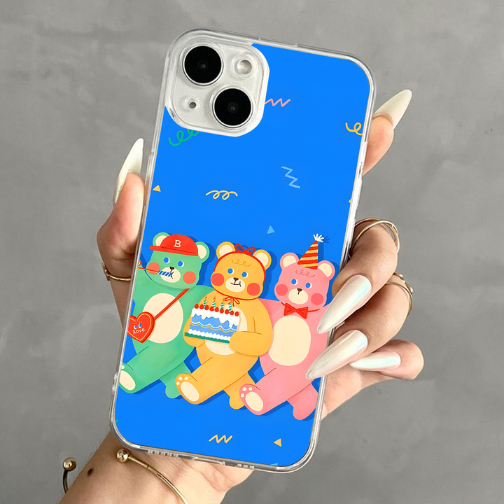 Cartoon Bear Birthday & Tennis Puppy Phone Case – Cute Animal Design for iPhone 11 12 13 14 15 16 Pro Max & Samsung
