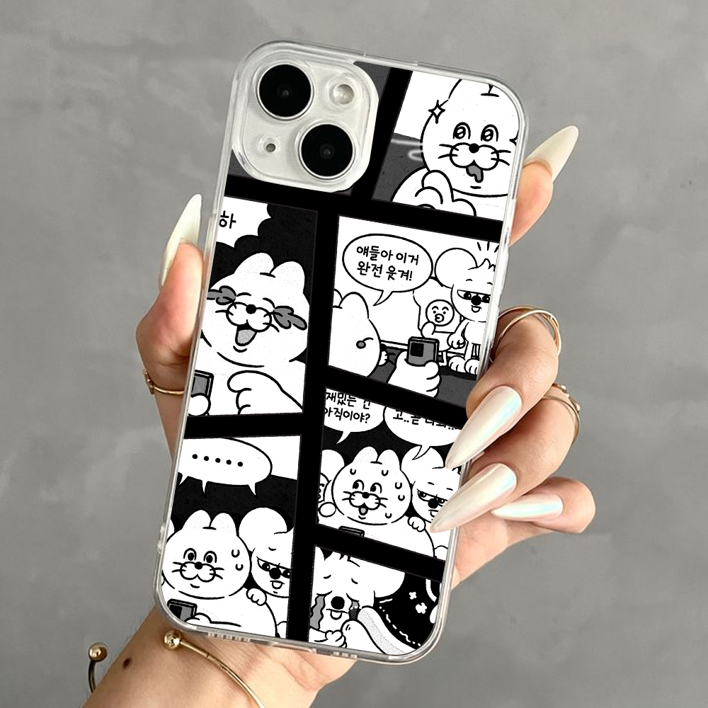 Cute Black and White Manga Comic Phone Case – Funny Cartoon Style for iPhone 11 12 13 14 15 16 Pro Max & Samsung