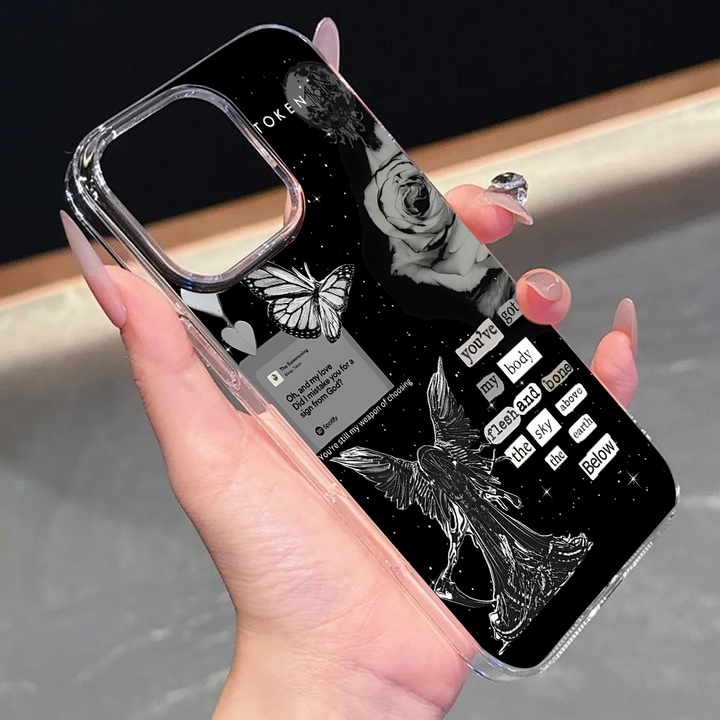 Lyrics Collage Angel Phone Case – Dark Aesthetic Black & White Design Cover for iPhone 11 12 13 14 15 16 Pro Max, Emotional Gift Idea