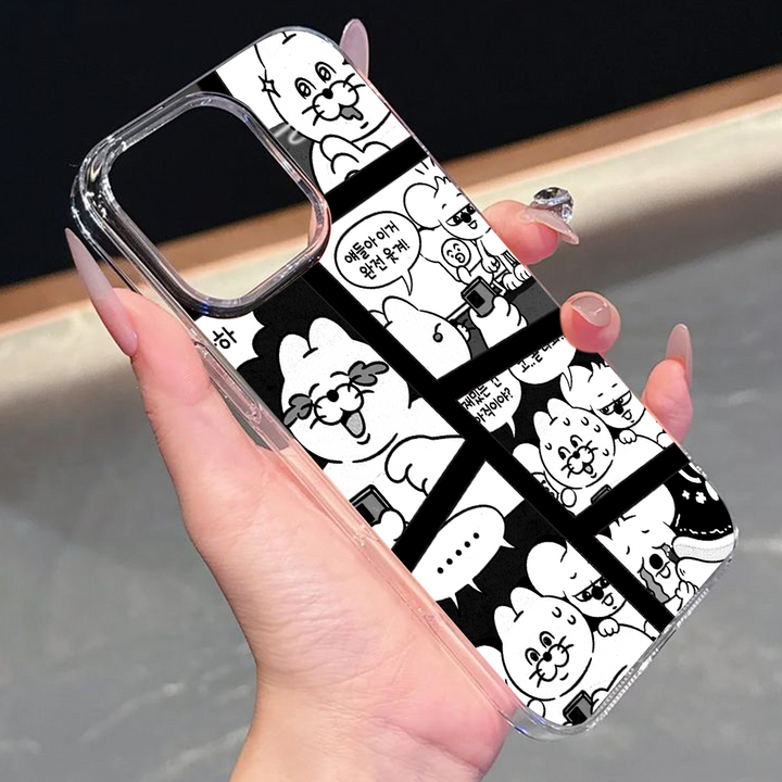 Cute Black and White Manga Comic Phone Case – Funny Cartoon Style for iPhone 11 12 13 14 15 16 Pro Max & Samsung
