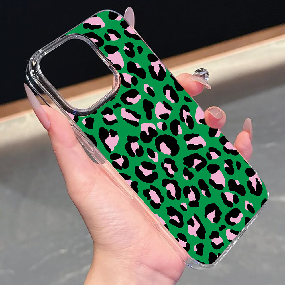 Leopard Print Phone Case Collection – Pastel Purple, Rainbow Gradient & Green with Pink Accents