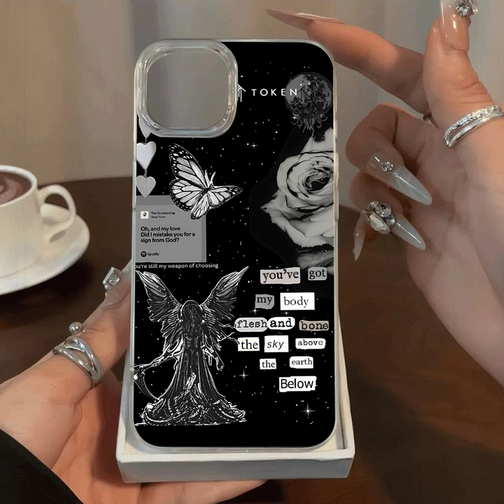 Lyrics Collage Angel Phone Case – Dark Aesthetic Black & White Design Cover for iPhone 11 12 13 14 15 16 Pro Max, Emotional Gift Idea