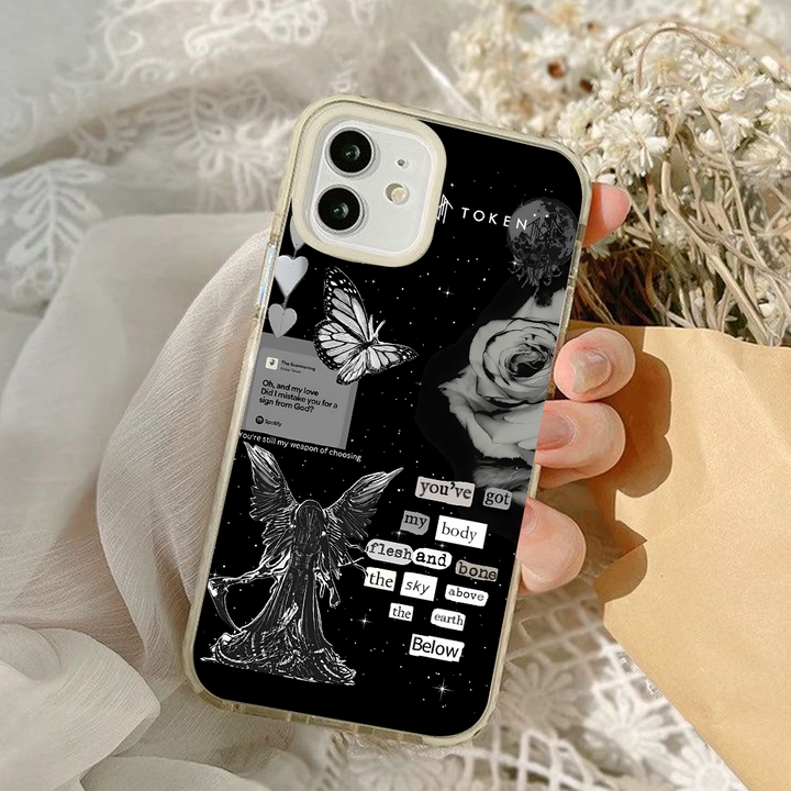 Lyrics Collage Angel Phone Case – Dark Aesthetic Black & White Design Cover for iPhone 11 12 13 14 15 16 Pro Max, Emotional Gift Idea
