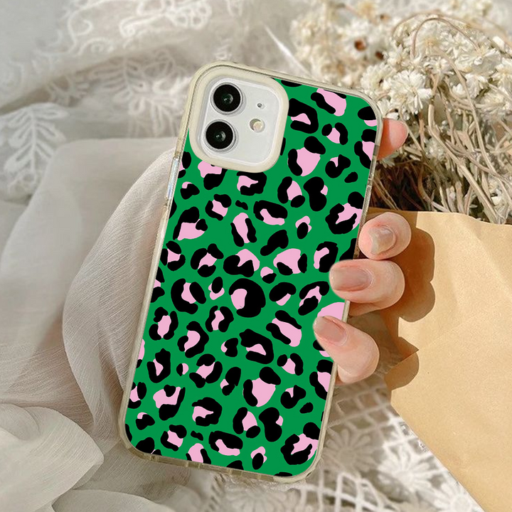 Leopard Print Phone Case Collection – Pastel Purple, Rainbow Gradient & Green with Pink Accents