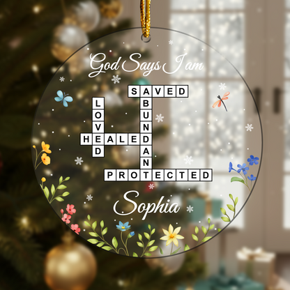 Custom “God Says I Am” Acrylic Ornament – Personalized Christian Gift with Name and Scripture Words