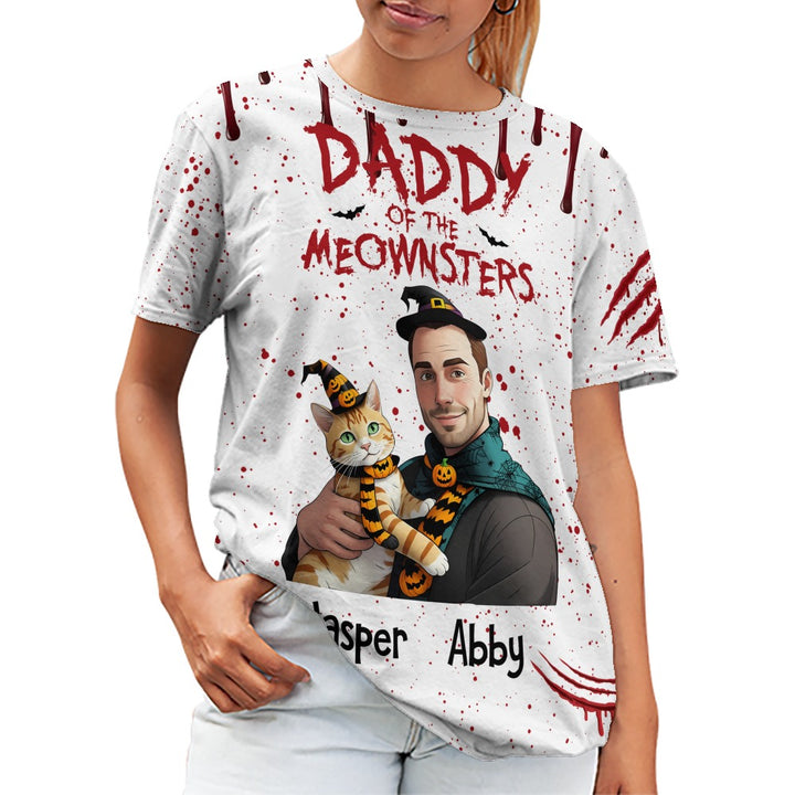 Custom Halloween 3D T-Shirt – Personalized “Daddy of the Meownsters” Cat & Owner T-Shirt