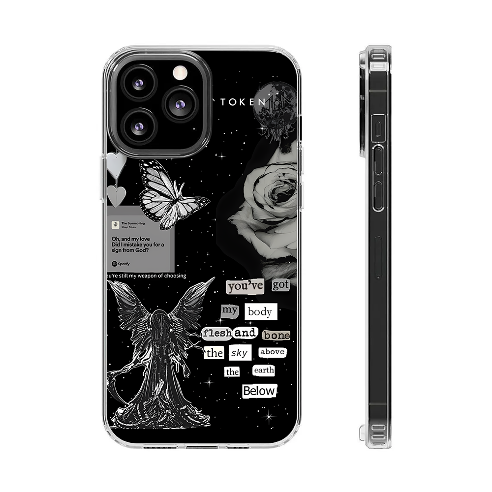 Lyrics Collage Angel Phone Case – Dark Aesthetic Black & White Design Cover for iPhone 11 12 13 14 15 16 Pro Max, Emotional Gift Idea