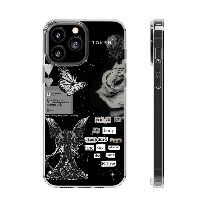Lyrics Collage Angel Phone Case – Dark Aesthetic Black & White Design Cover for iPhone 11 12 13 14 15 16 Pro Max, Emotional Gift Idea