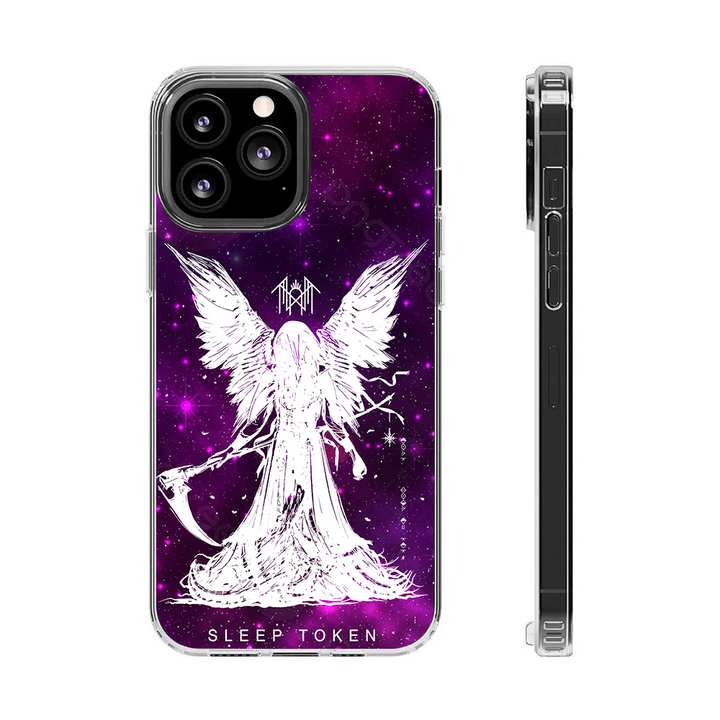 Celestial Angel Scythe Phone Case – Gothic Purple Galaxy Design, Ethereal Aesthetic Cover for iPhone 11 12 13 14 15 16 Pro Max Samsung S22 S23 S24 S24.99 Ultra Plus