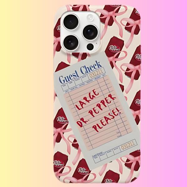 Dr Pepper Coquette Phone Case – Pink Bow Aesthetic with “Large Dr Pepper Please” Note, Cute Y2K Design for iPhone & Samsung, Gift for Her