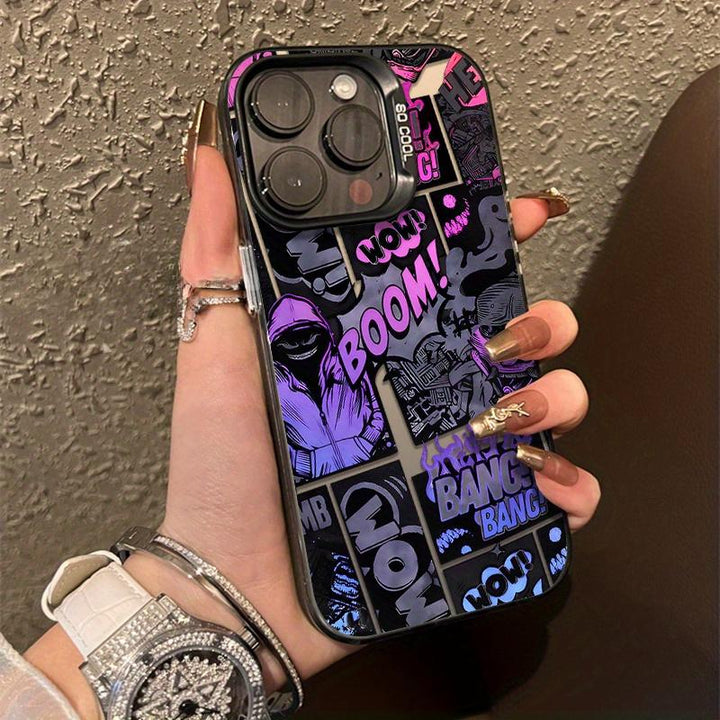 Graffiti Black and Purple Cartoon Design Mobile Phone Case, Beautiful and Fashionable Anti-fall Protective Case For iPhone 7 8 X 11 12 13 14 15 16 Pro Max Plus