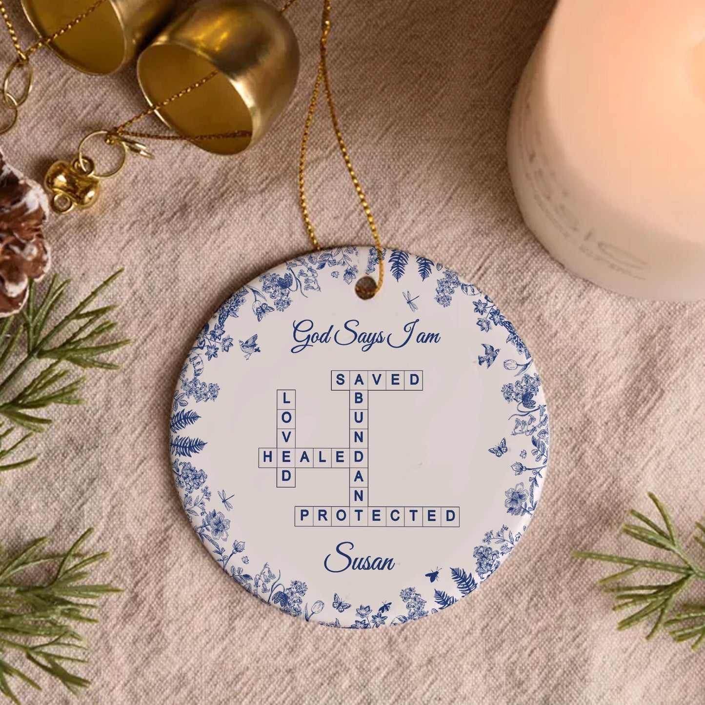Custom “God Says I Am” Ceramic Ornament – Christian Crossword Design – Personalized Faith Gift for Women, Friends, and Family