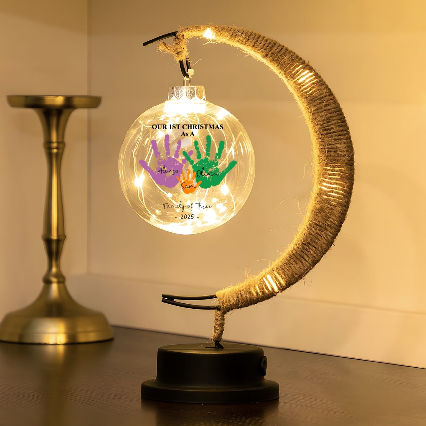 First Christmas As A Family Of Four Handprints - Personalized Moon Lamp With Small Glowing Sphere
