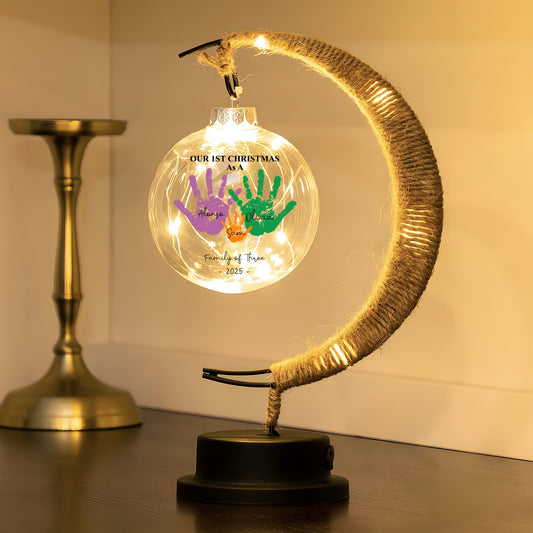 First Christmas As A Family Of Four Handprints - Personalized Moon Lamp With Small Glowing Sphere