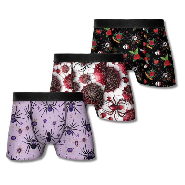 Men’s Halloween Pattern Boxer Briefs – Stretchy, Breathable Underwear, Unique Spider & Skull Design, Mid-Waist, Bold Streetwear Athletic Style
