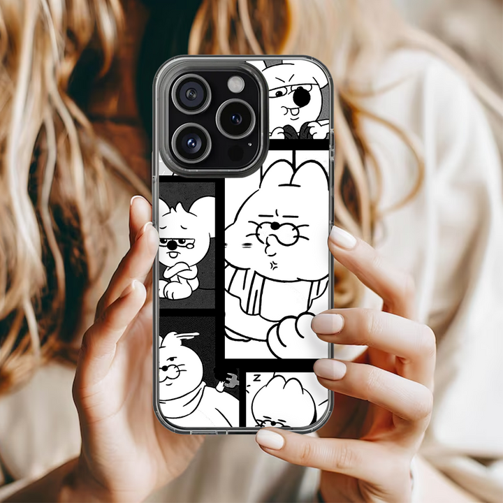 Cute Black and White Manga Comic Phone Case – Funny Cartoon Style for iPhone 11 12 13 14 15 16 Pro Max & Samsung