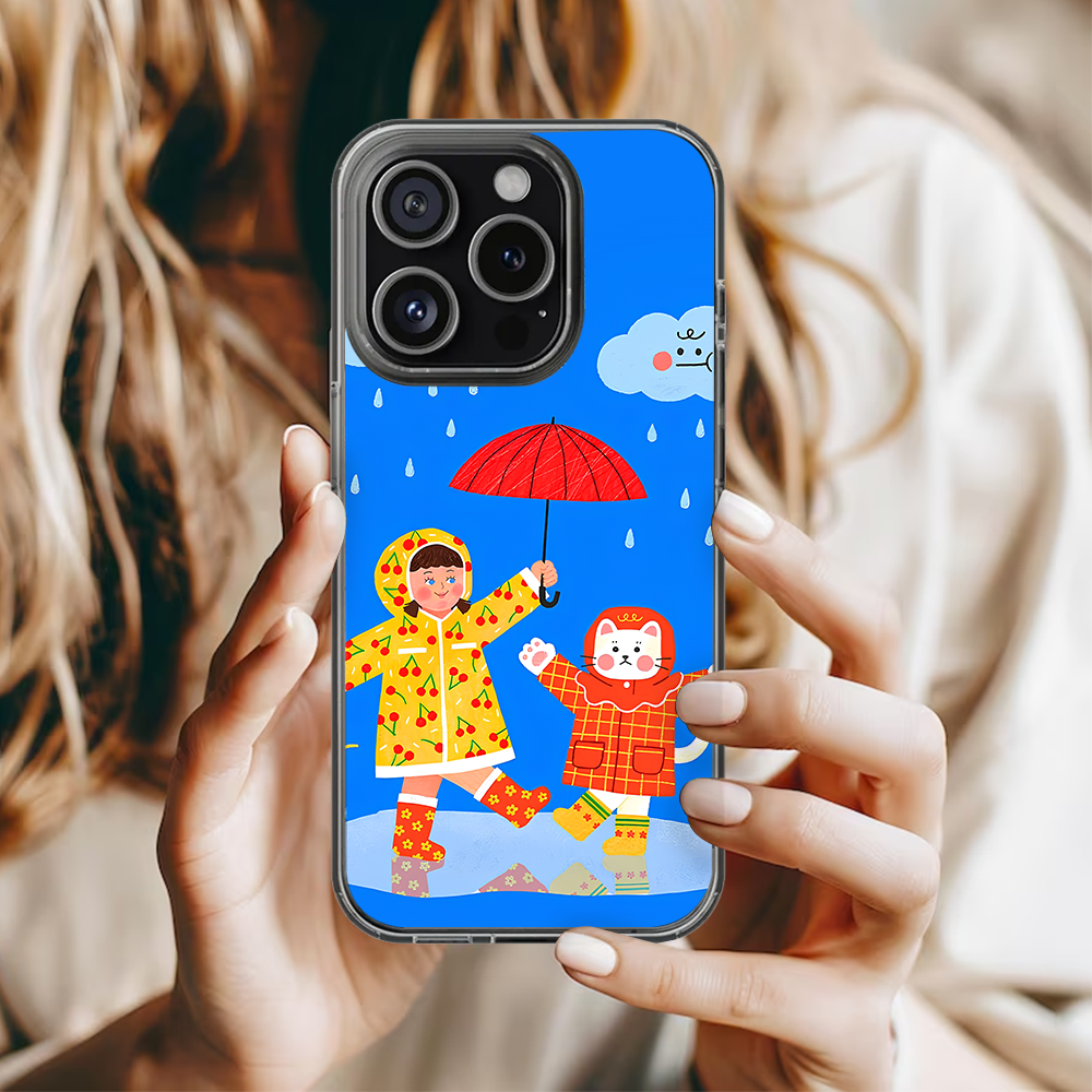 Cute Cartoon Phone Case Set – Rainy Kid & Love Bear Design for iPhone 11 12 13 14 15 16 Pro Max & Samsung