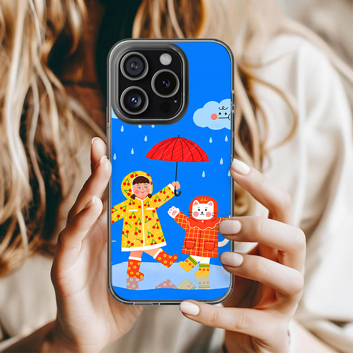 Cute Cartoon Phone Case Set – Rainy Kid & Love Bear Design for iPhone 11 12 13 14 15 16 Pro Max & Samsung