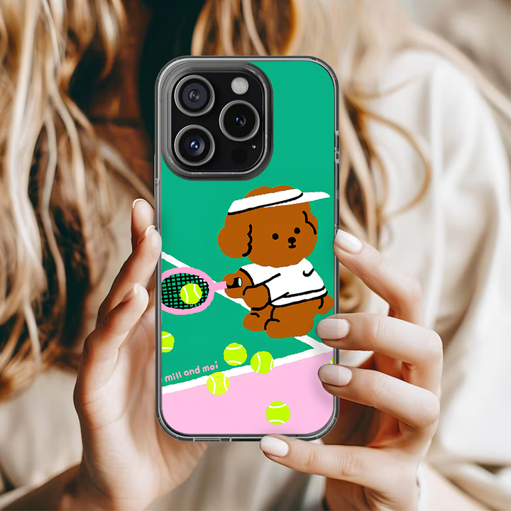 Cartoon Bear Birthday & Tennis Puppy Phone Case – Cute Animal Design for iPhone 11 12 13 14 15 16 Pro Max & Samsung
