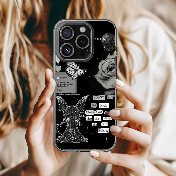 Lyrics Collage Angel Phone Case – Dark Aesthetic Black & White Design Cover for iPhone 11 12 13 14 15 16 Pro Max, Emotional Gift Idea