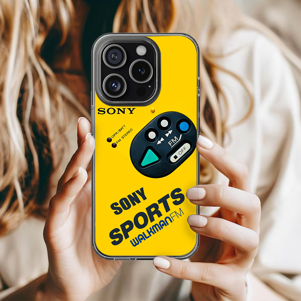 Yellow FM Player Phone Case – Sporty Walkman Style Soft Shell for iPhone 11 12 13 14 15 16 Pro Max Samsung S22 S23 S24 S24.99 Ultra Plus