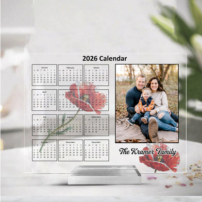 Custom Acrylic Photo Calendar Plaque 2026 – Personalized Family Name Desk Display with Monthly Flower Design