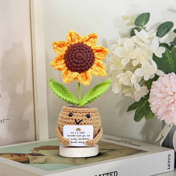 Sunflower Crochet Doll with Card – Positive Reminder & Appreciation Gift for Coworker, Friend, Teacher, Sister, Mom – Christmas, Birthday, Thank You Present for Women & Men