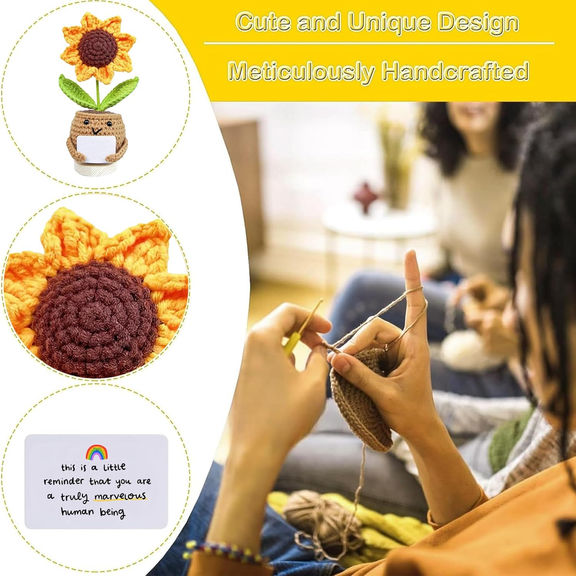 Sunflower Crochet Doll with Card – Positive Reminder & Appreciation Gift for Coworker, Friend, Teacher, Sister, Mom – Christmas, Birthday, Thank You Present for Women & Men