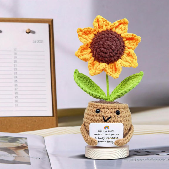 Sunflower Crochet Doll with Card – Positive Reminder & Appreciation Gift for Coworker, Friend, Teacher, Sister, Mom – Christmas, Birthday, Thank You Present for Women & Men