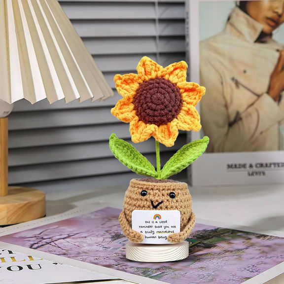 Sunflower Crochet Doll with Card – Positive Reminder & Appreciation Gift for Coworker, Friend, Teacher, Sister, Mom – Christmas, Birthday, Thank You Present for Women & Men
