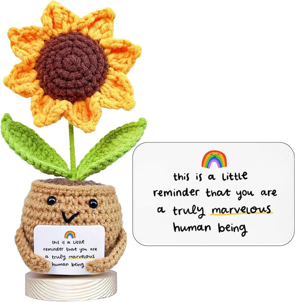 Sunflower Crochet Doll with Card – Positive Reminder & Appreciation Gift for Coworker, Friend, Teacher, Sister, Mom – Christmas, Birthday, Thank You Present for Women & Men