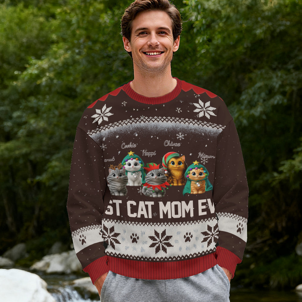 Custom Cat Mom Christmas Sweater – “Best Cat Mom Ever” - Personalized Cat Images, Names & Colors , Cozy Holiday Knit Pullover
