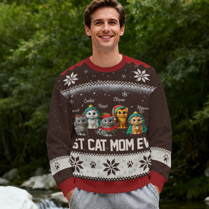 Custom Cat Mom Christmas Sweater – “Best Cat Mom Ever” - Personalized Cat Images, Names & Colors , Cozy Holiday Knit Pullover