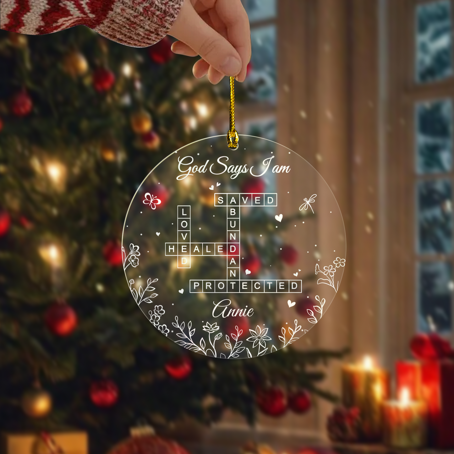 God Says I Am Crossword Acrylic Ornament – Personalized Christian Christmas Ornament with Custom Name, Faith-Inspired Gift for Her, Family & Friends