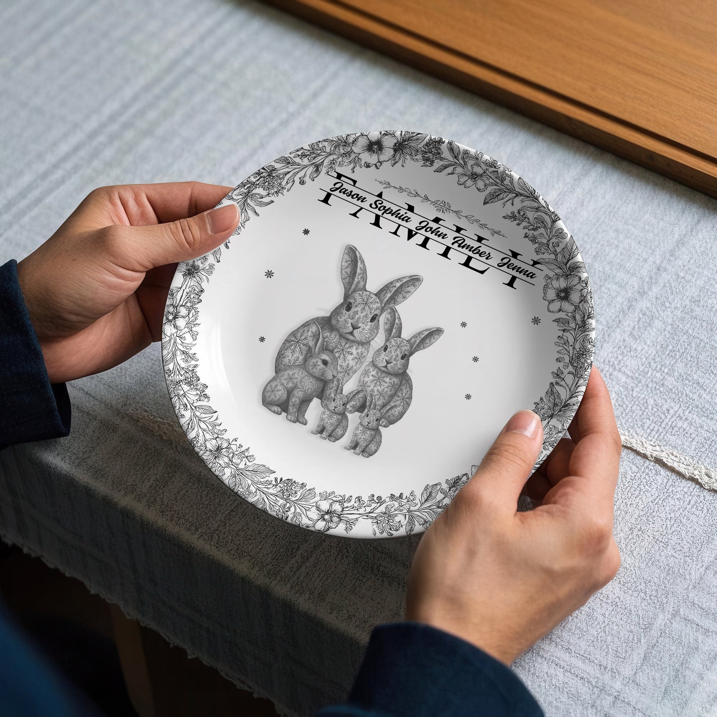 Custom Rabbit Family Ceramic Plate with Stand – Personalized Gift for Home & Family Decor