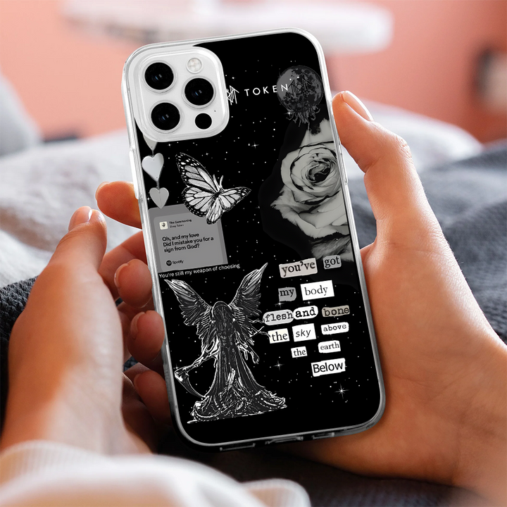 Lyrics Collage Angel Phone Case – Dark Aesthetic Black & White Design Cover for iPhone 11 12 13 14 15 16 Pro Max, Emotional Gift Idea