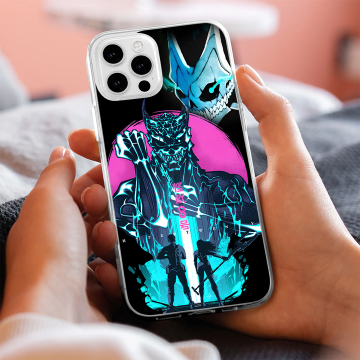 Neon Anime Demon Phone Case, Cyberpunk Monster Design for iPhone 12 13 14 15 Pro Max – Blue & Pink Street Style