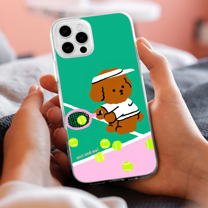 Cartoon Bear Birthday & Tennis Puppy Phone Case – Cute Animal Design for iPhone 11 12 13 14 15 16 Pro Max & Samsung