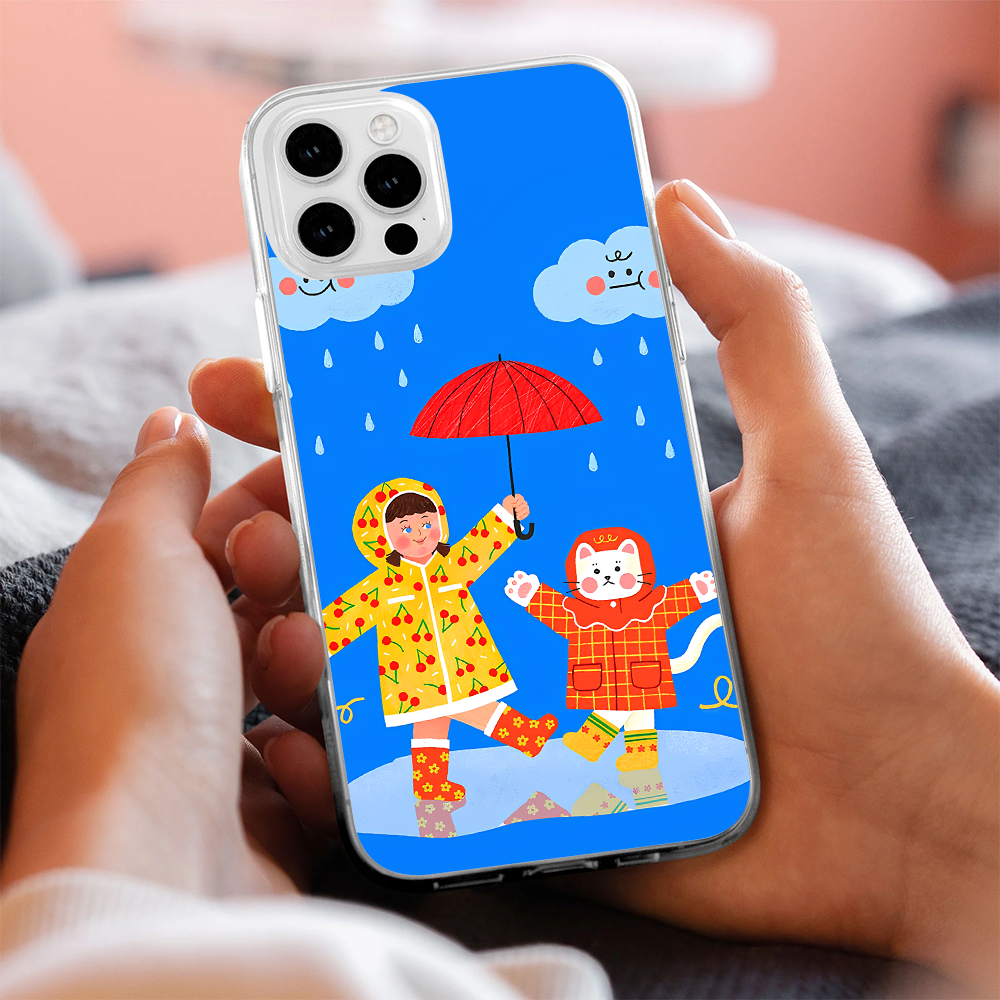 Cute Cartoon Phone Case Set – Rainy Kid & Love Bear Design for iPhone 11 12 13 14 15 16 Pro Max & Samsung