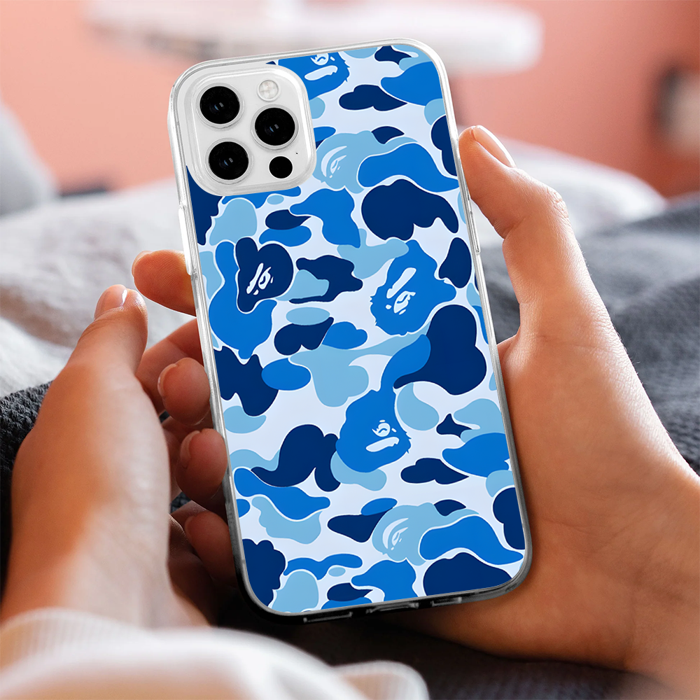 Bape Blue Camo Phone Case – Dark Meme Aesthetic Horror Cover for iPhone 11 12 13 14 15 16 Pro Max Samsung S22 S23 S24 S24.99 Ultra Plus