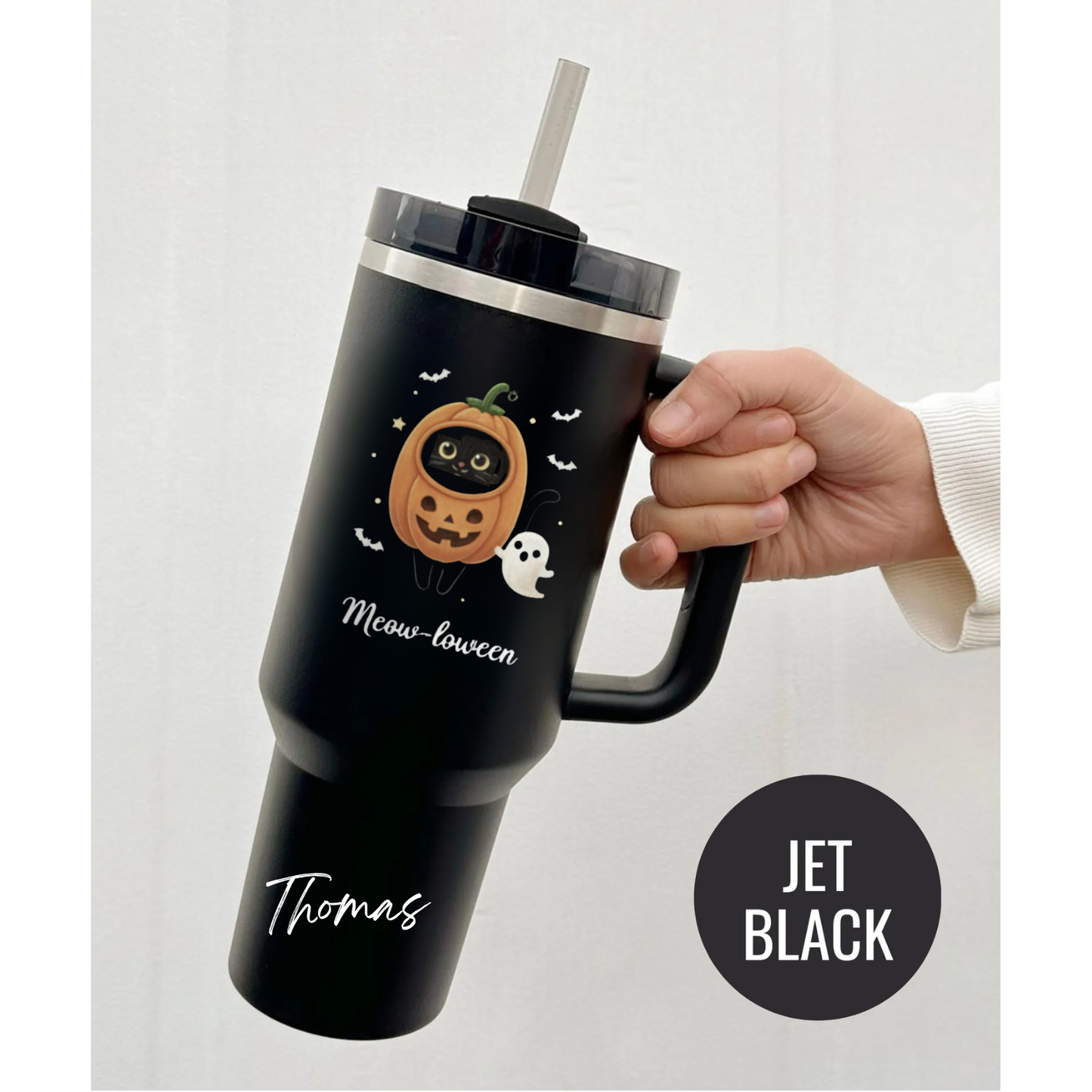 Custom Halloween Tumbler for Cat Lovers | Personalized Black Cat & Ghost Design | 20oz or 40oz Halloween Travel Cup | Perfect Customizable Gift for Halloween | Halloween Gift for Lovers, Mom