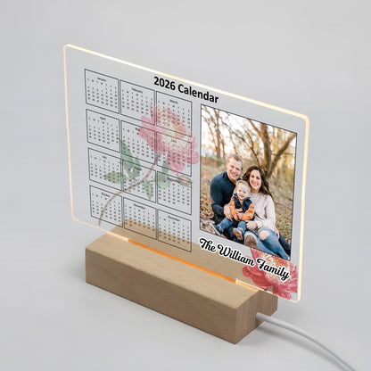 Custom Photo Acrylic Light Calendar 2026 -Personalized LED Desk Lamp with Family Name Monthly Flower Gift for Mom Dad Couple Family Home Decor