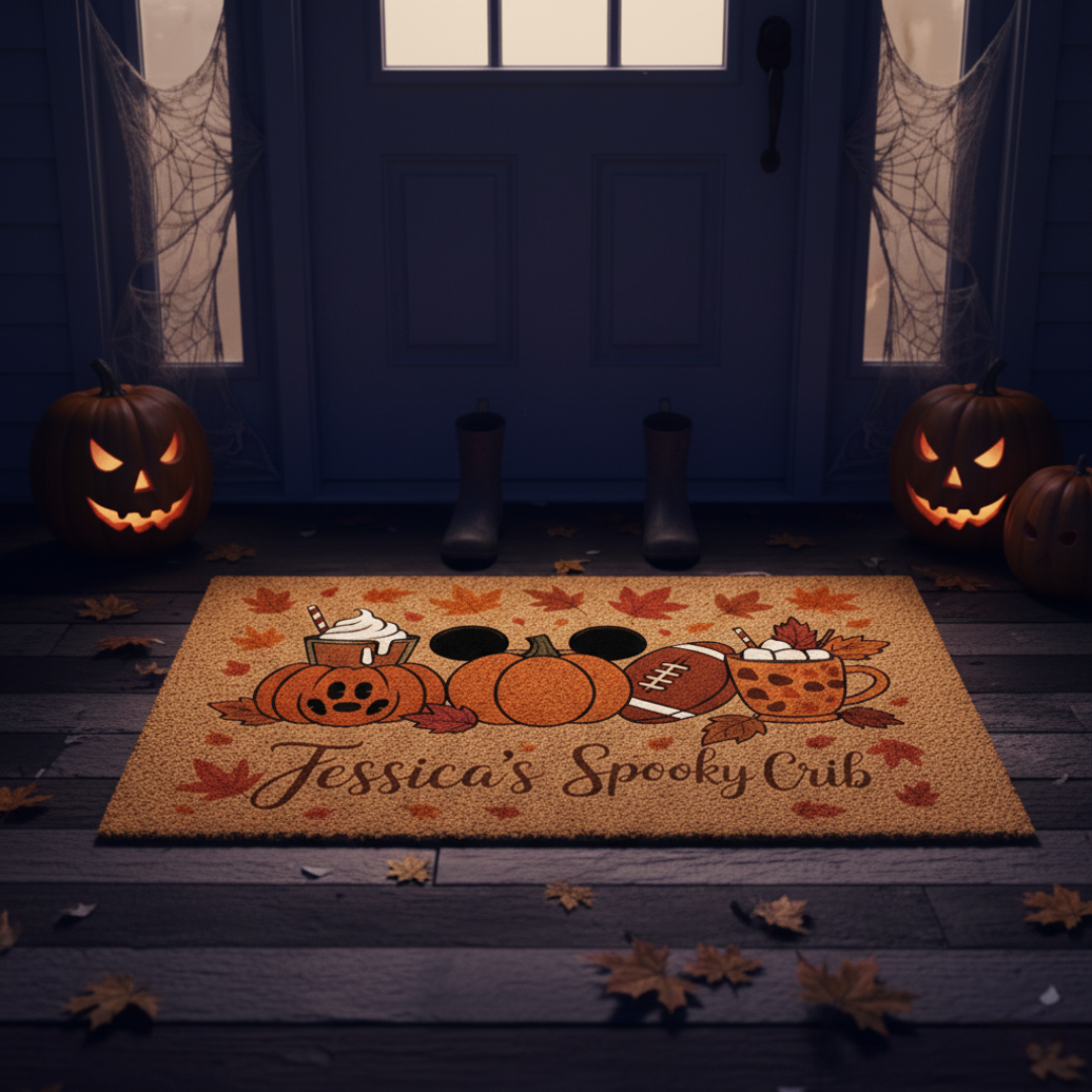 Personalized Halloween Coir Doormat – Pumpkins, Football & Pumpkin Spice Latte | Autumn Porch & Entryway Welcome Mat